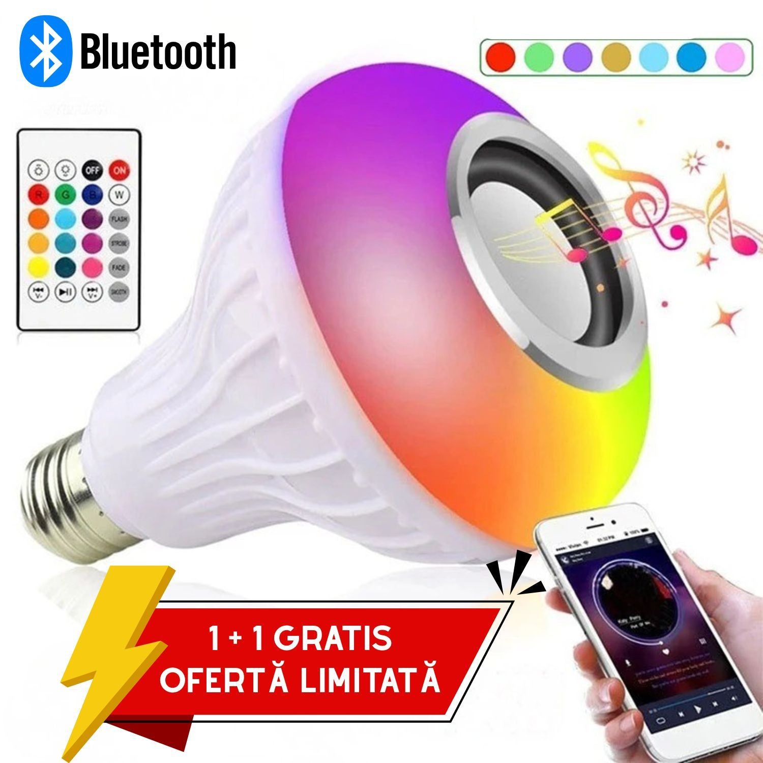1+1 GRATIS!!! Bec LED Multifuncțional cu Boxă Integrată, Bluetooth și Multiple Culori + Telecomandă