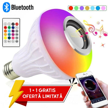 1+1 GRATIS!!! Bec LED Multifuncțional cu Boxă Integrată, Bluetooth și Multiple Culori + Telecomandă