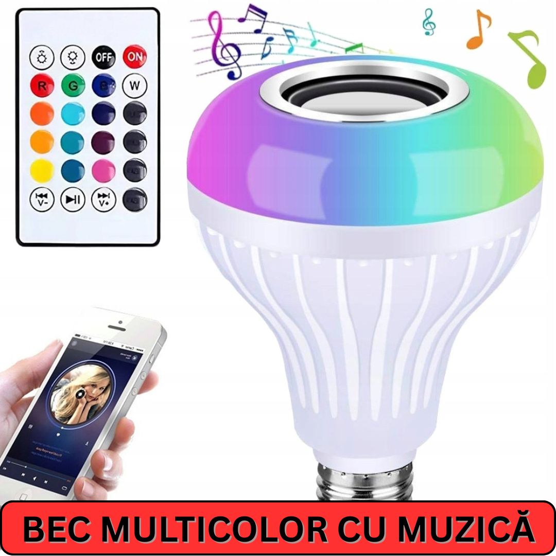 1+1 GRATIS!!! Bec LED Multifuncțional cu Boxă Integrată, Bluetooth și Multiple Culori + Telecomandă