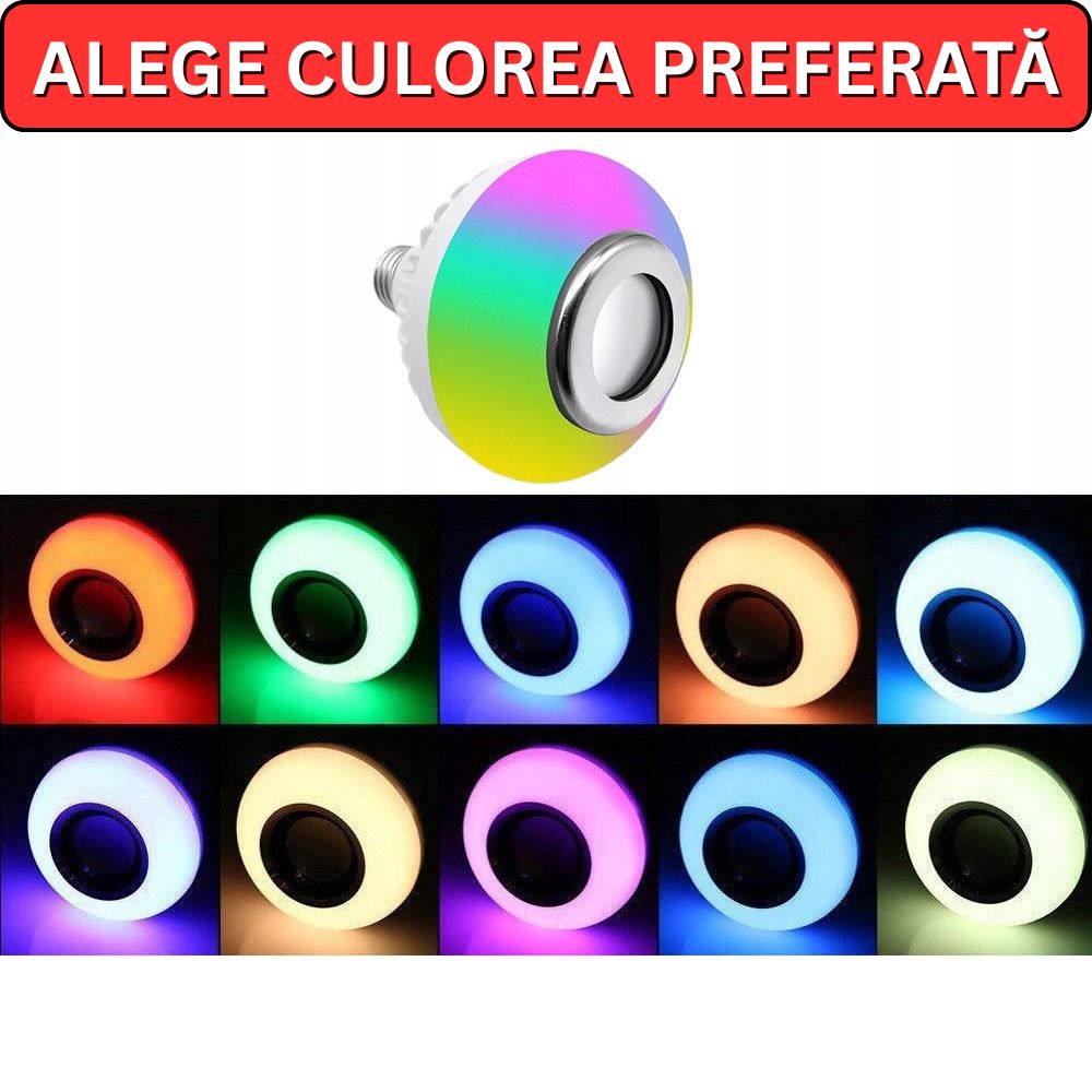 1+1 GRATIS!!! Bec LED Multifuncțional cu Boxă Integrată, Bluetooth și Multiple Culori + Telecomandă