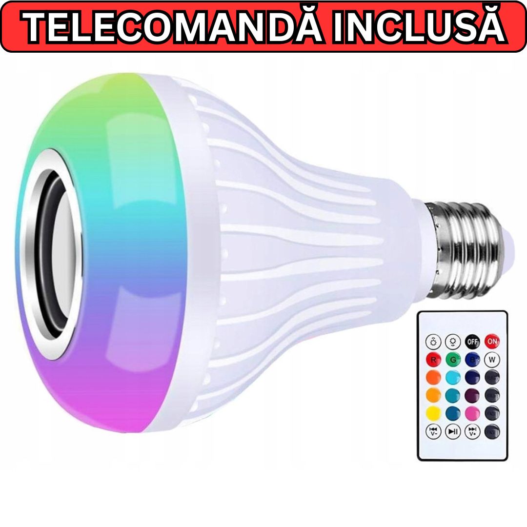 1+1 GRATIS!!! Bec LED Multifuncțional cu Boxă Integrată, Bluetooth și Multiple Culori + Telecomandă