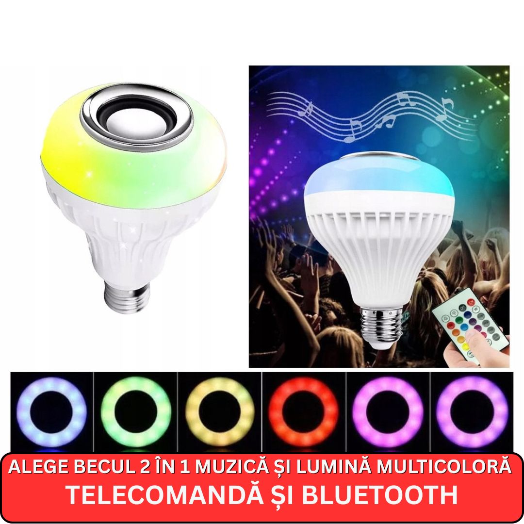 1+1 GRATIS!!! Bec LED Multifuncțional cu Boxă Integrată, Bluetooth și Multiple Culori + Telecomandă