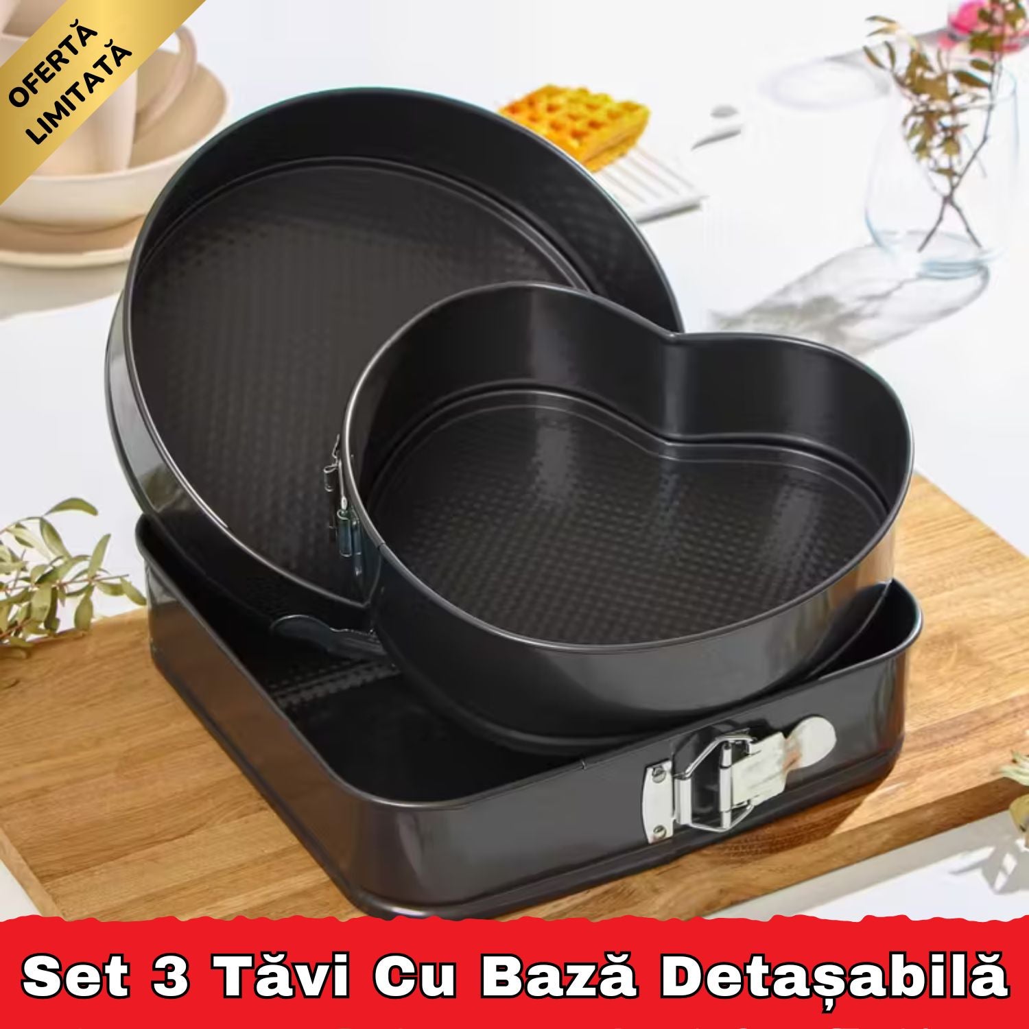 Set 3 Tăvi Cu Bază Detașabilă, Forme și Dimensiuni Diferite, Ideal pentru Copt