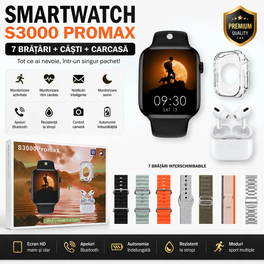 Pachet Premium Smartwatch S3000 ProMax – 7 Brățări Interschimbabile + Căști