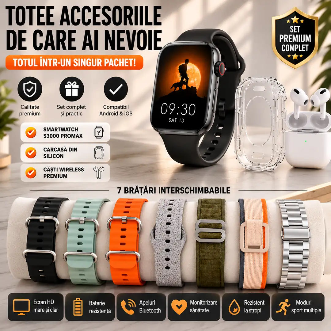 Pachet Premium Smartwatch S3000 ProMax – 7 Brățări Interschimbabile + Căști