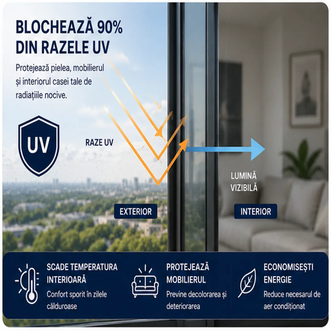 1+1 Gratis! ☀️ Mai Multă Intimitate și Răcoare – Folie Geam Tip Oglindă cu Protecție UV