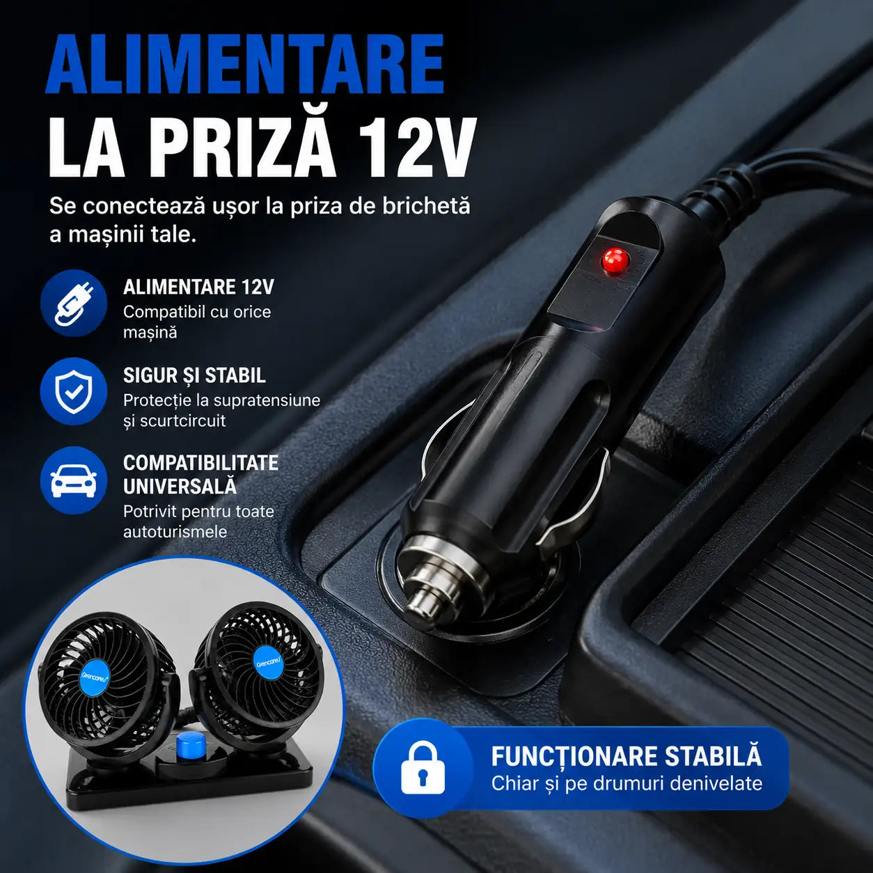 Transformă orice drum într-o călătorie confortabilă – Ventilator Auto Dublu 12V cu Rotire 360°