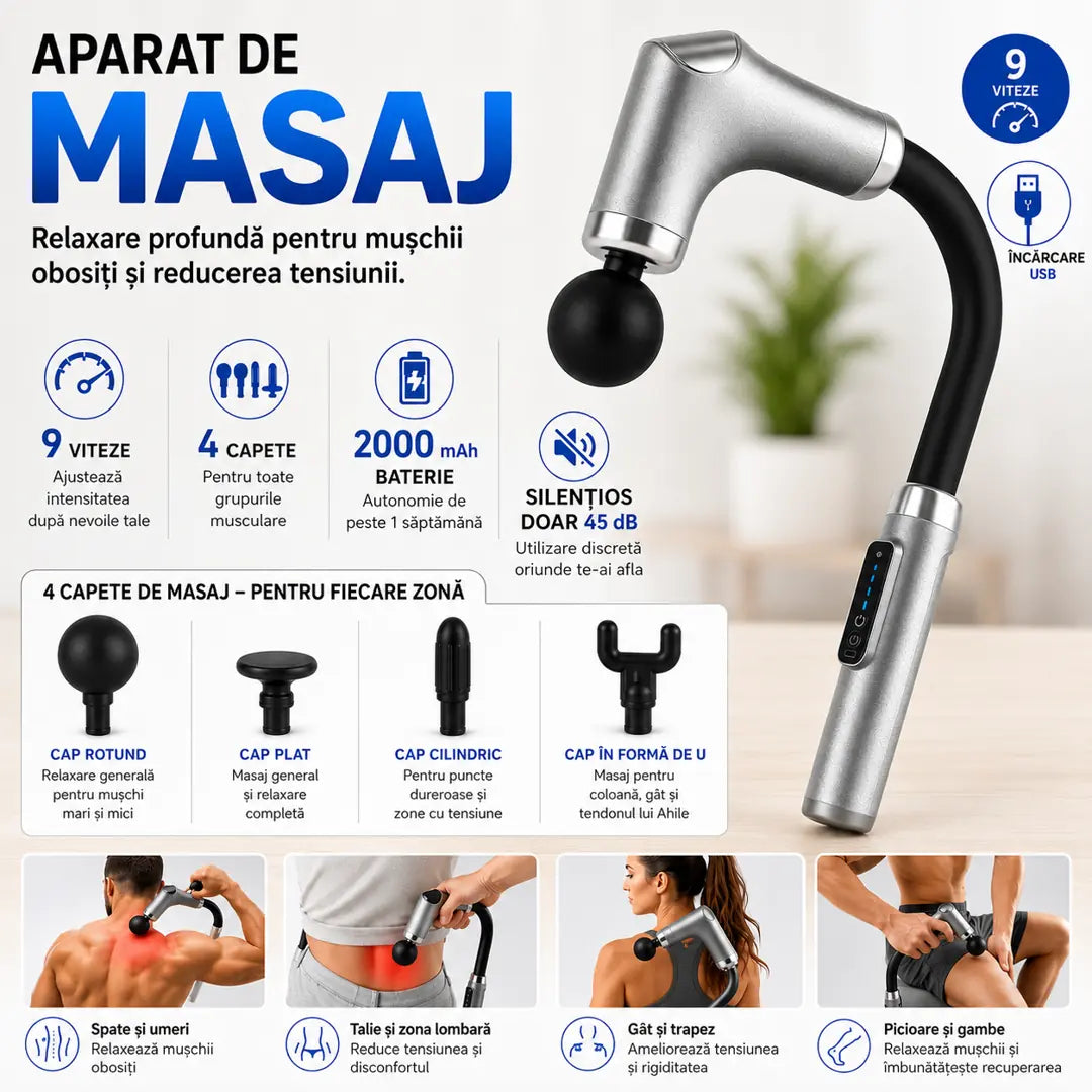 Adio tensiune musculară! – Aparat de Masaj Percutant cu 9 Viteze, 4 Capete și Mâner Ergonomic