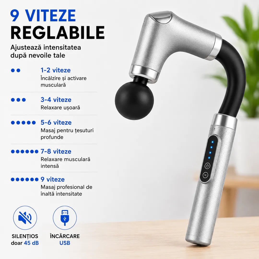 Adio tensiune musculară! – Aparat de Masaj Percutant cu 9 Viteze, 4 Capete și Mâner Ergonomic