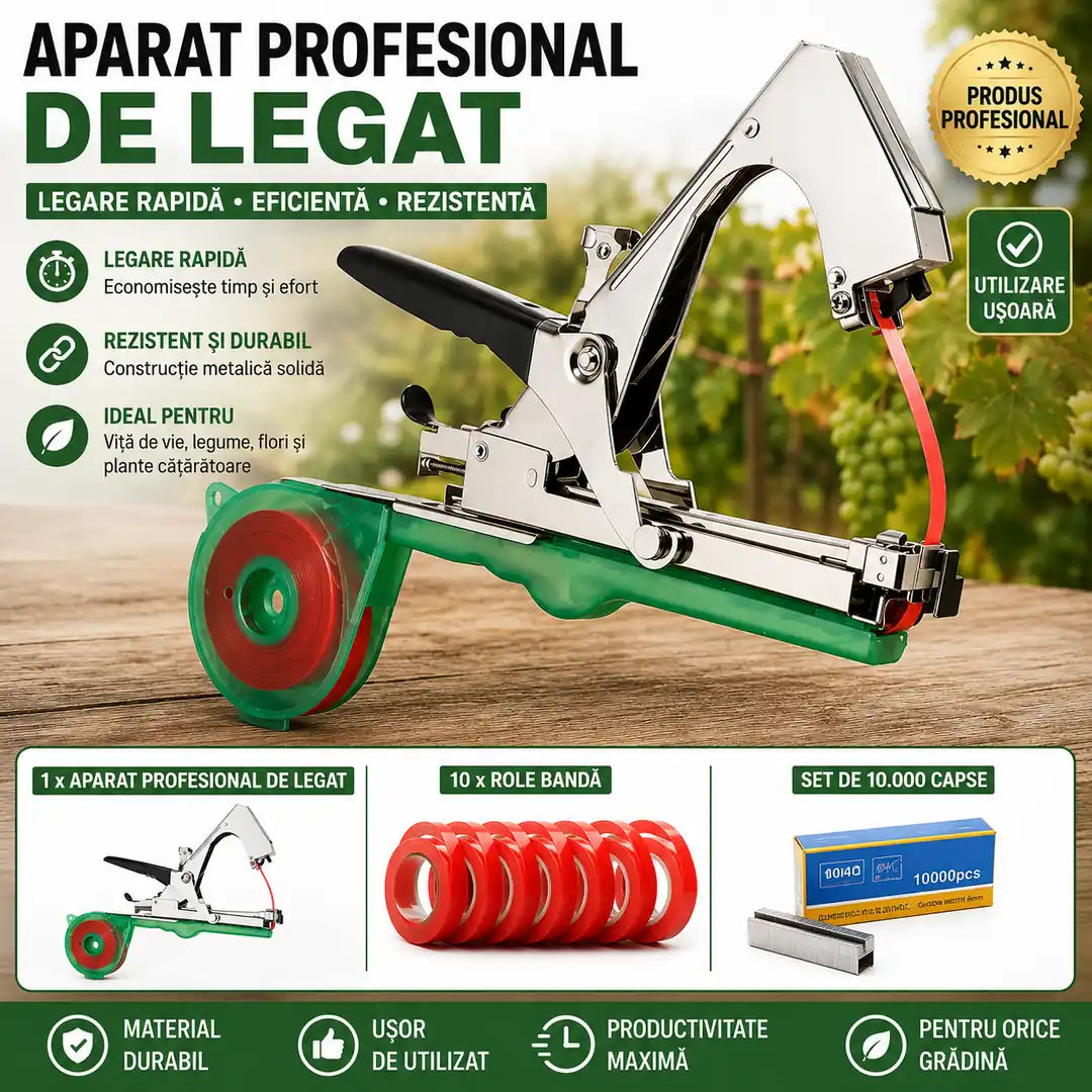 Leagă Plantele Rapid și Fără Efort – Aparat Profesional de Legat Plante cu 10 Role Bandă + 10.000 Capse