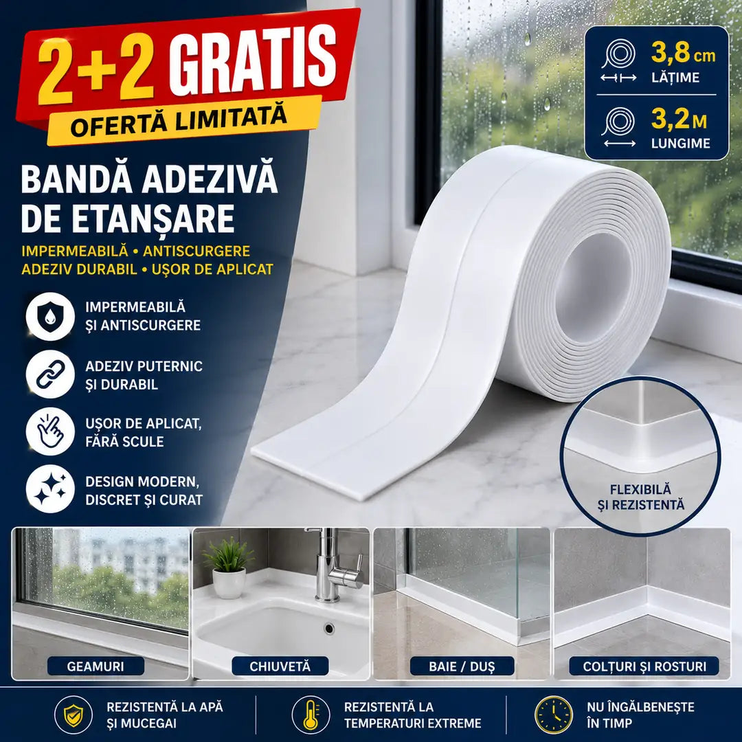 2+2 GRATIS! Protecție de lungă durată împotriva apei! Bandă de Etanșare Adezivă Impermeabilă și Antiscurgere – 3,8 cm × 3,2 m