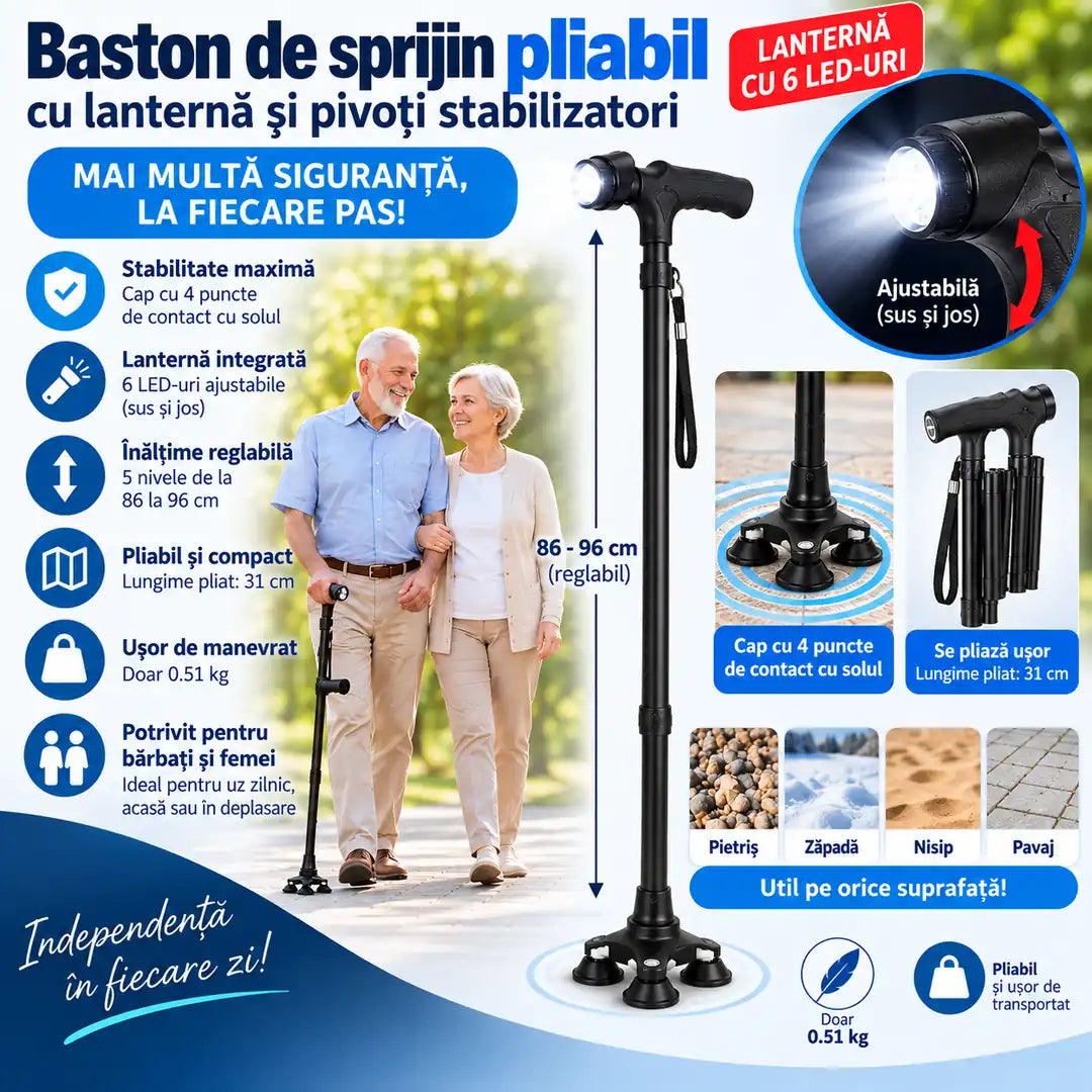 Siguranță la fiecare pas! – Baston Pliabil și Reglabil cu Lanternă LED și Bază Stabilizatoare