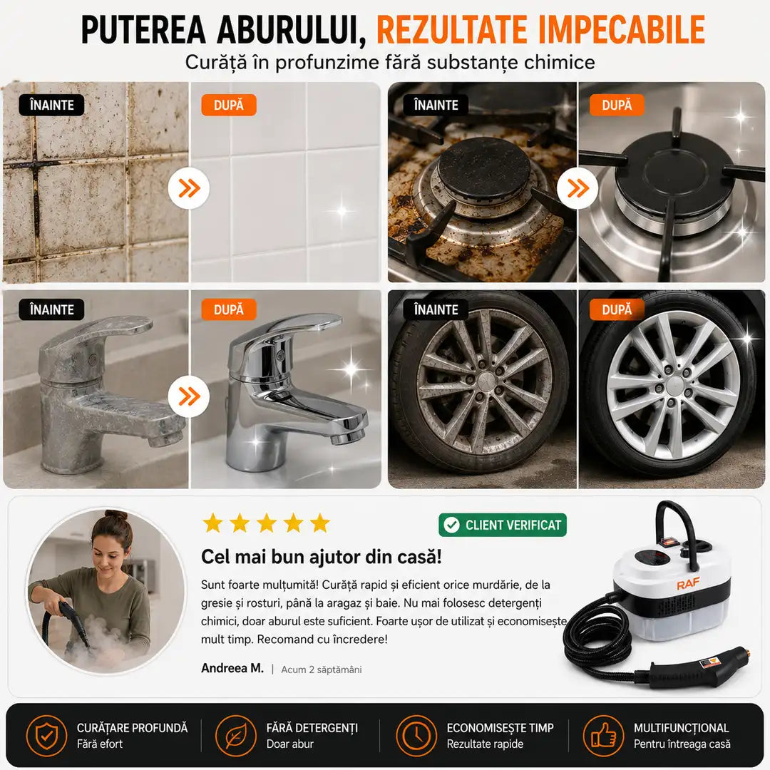 Curățenie profesională acasă, fără detergenți – Aparat de Curățat cu Abur 9 în 1 RAF 1500W