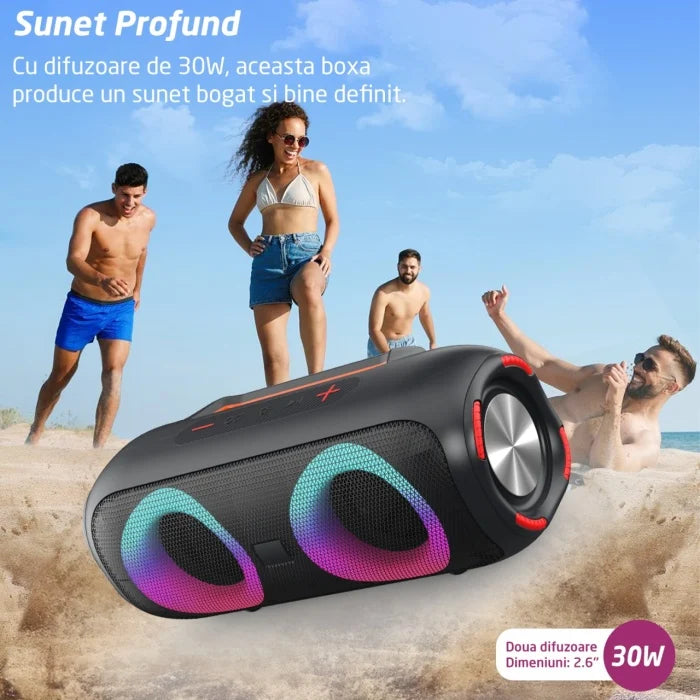 Boxă Portabilă Bluetooth 4000mAH, Lumini RGB Conexiune USB, Auxiliar, Card SD, Radio, 30W