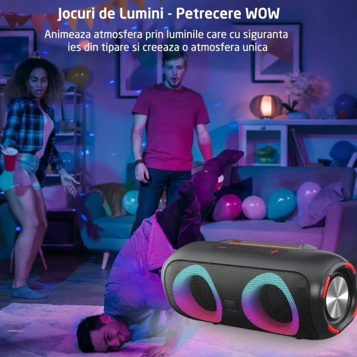 Boxă Portabilă Bluetooth 4000mAH, Lumini RGB Conexiune USB, Auxiliar, Card SD, Radio, 30W