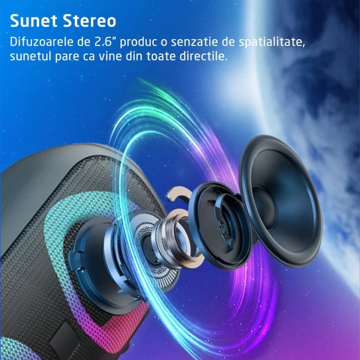 Boxă Portabilă Bluetooth 4000mAH, Lumini RGB Conexiune USB, Auxiliar, Card SD, Radio, 30W