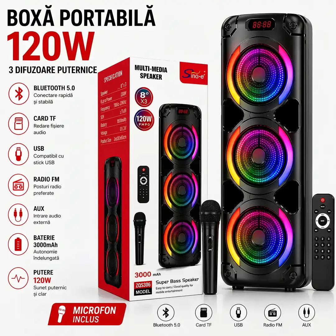 Umple Casa de Muzică cu 120W — Boxa cu 3 Difuzoare, Lumini RGB + Microfon INCLUS! 65CM