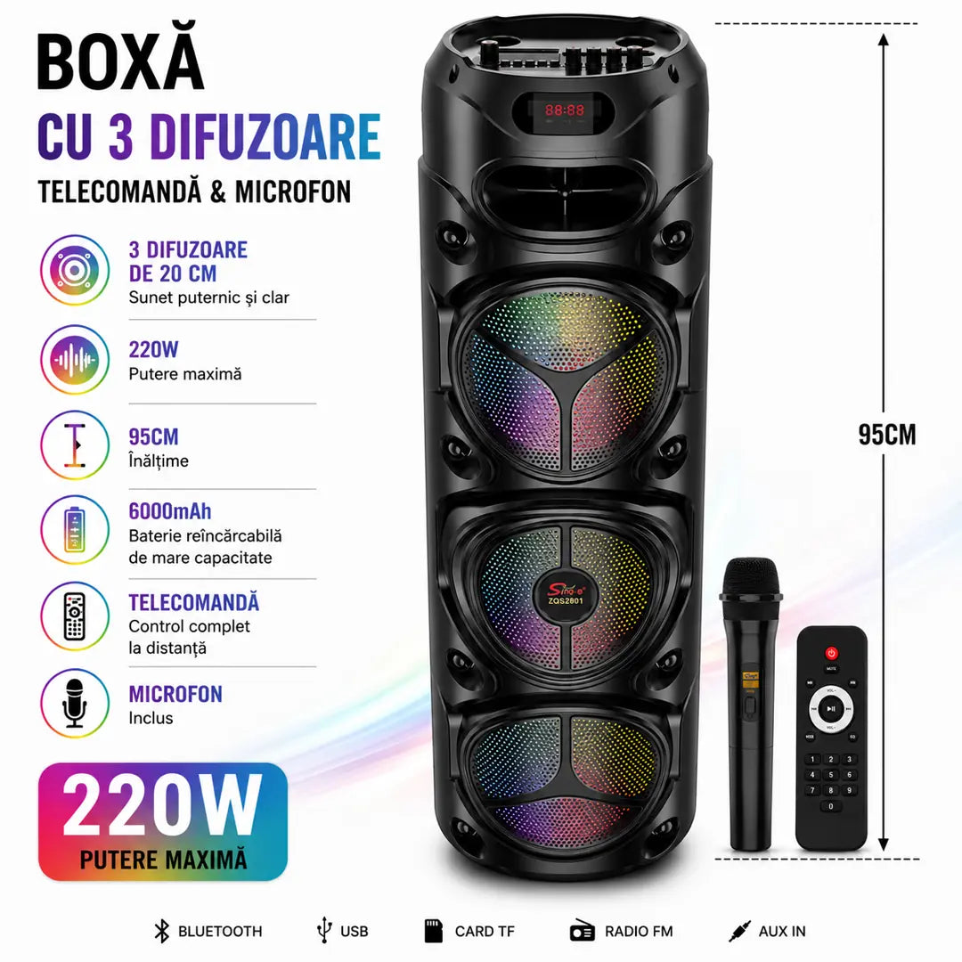 Petrecerea începe instant cu bass puternic și lumini RGB – Boxă Portabilă 95 cm 220W cu 3 Difuzoare de 20 Cm, Microfon și Telecomandă