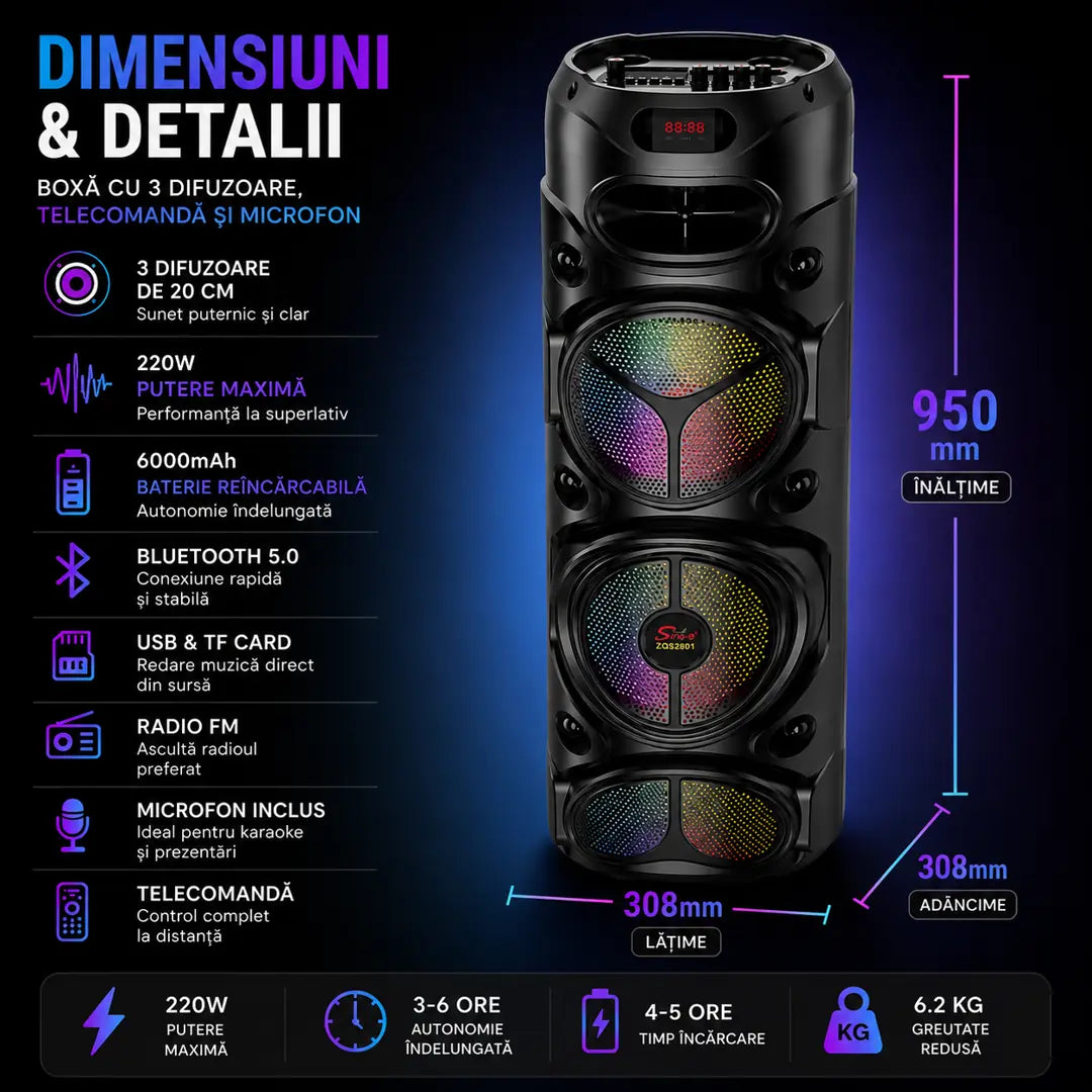 Petrecerea începe instant cu bass puternic și lumini RGB – Boxă Portabilă 95 cm 220W cu 3 Difuzoare de 20 Cm, Microfon și Telecomandă