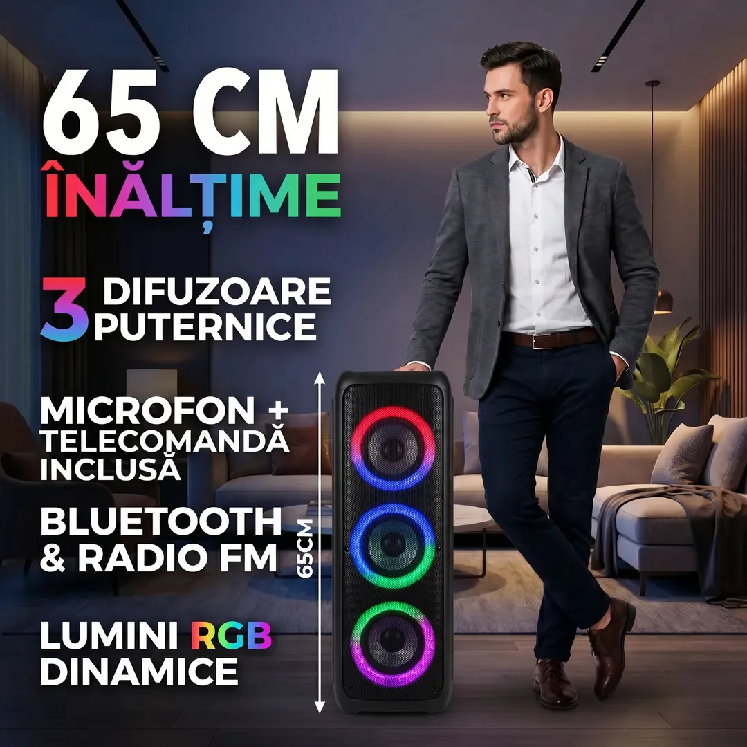 Umple Casa de Muzică cu 120W — Boxa cu 3 Difuzoare, Lumini RGB + Microfon INCLUS! 65CM