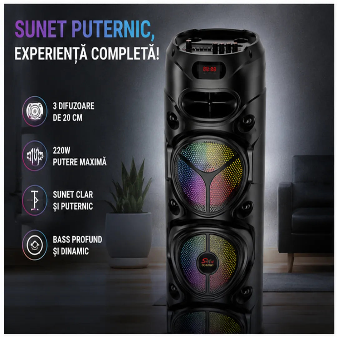 Petrecerea începe instant cu bass puternic și lumini RGB – Boxă Portabilă 95 cm 220W cu 3 Difuzoare de 20 Cm, Microfon și Telecomandă
