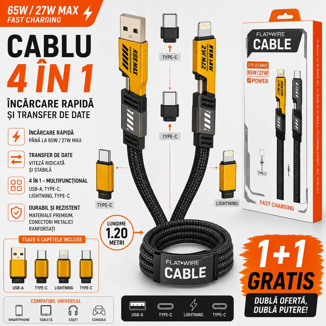 🔥1+1 Gratis! Un singur cablu pentru toate dispozitivele – Cablu Încărcare Rapidă 4 în 1