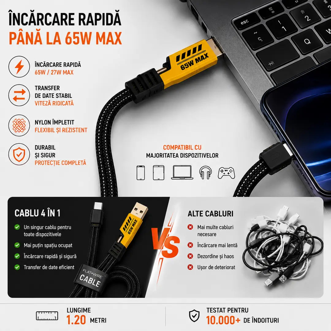 🔥1+1 Gratis! Un singur cablu pentru toate dispozitivele – Cablu Încărcare Rapidă 4 în 1