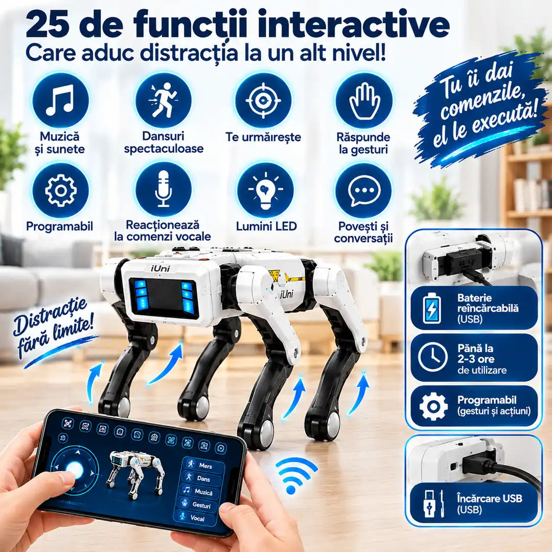 Robotul care te urmărește și interacționează cu tine – Câine Robot Inteligent iUni 8002, 25 Funcții Interactive