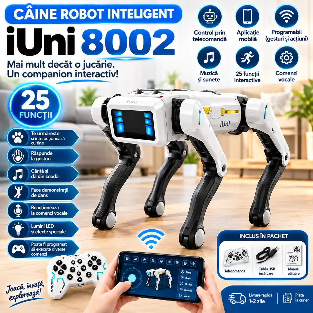 Robotul care te urmărește și interacționează cu tine – Câine Robot Inteligent iUni 8002, 25 Funcții Interactive