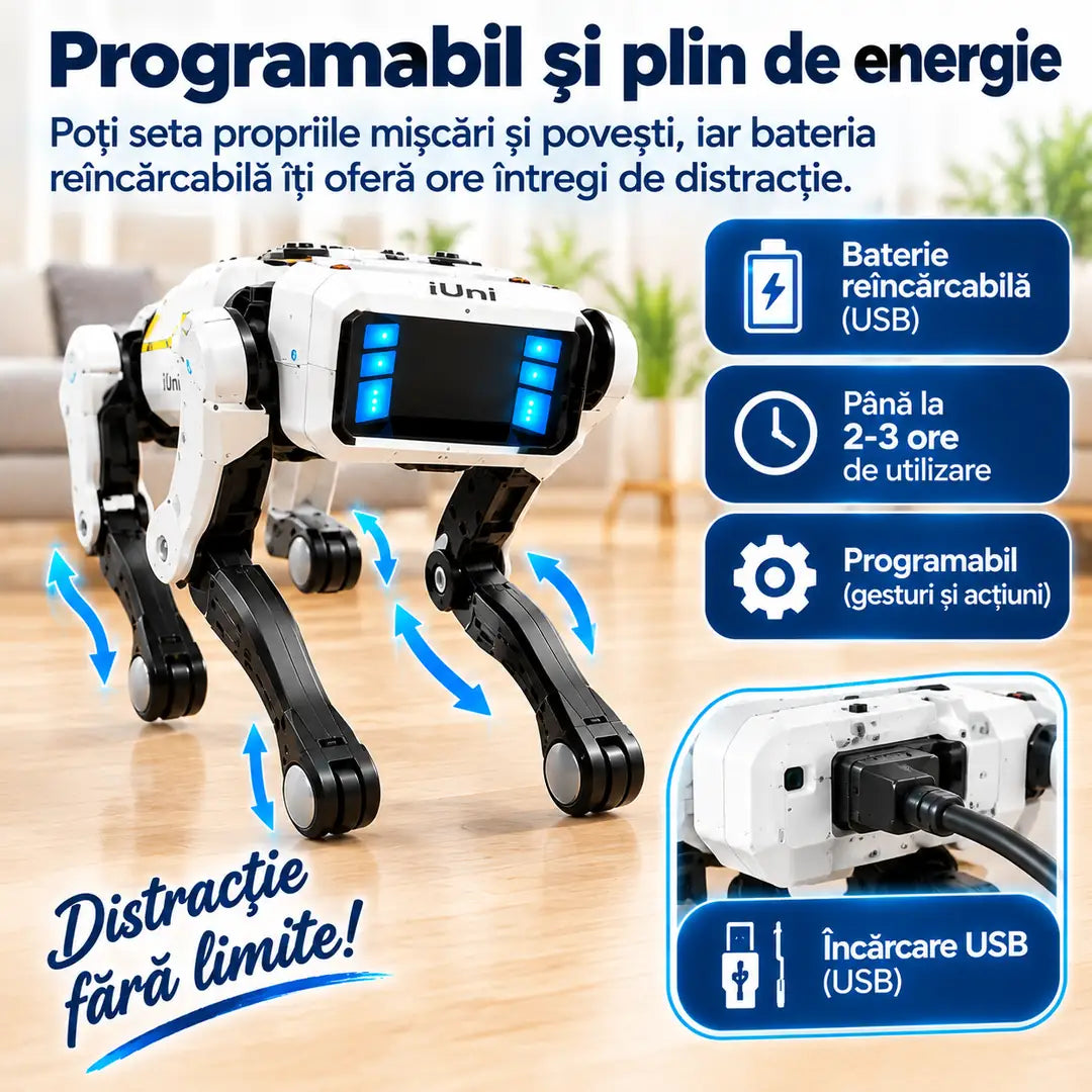 Robotul care te urmărește și interacționează cu tine – Câine Robot Inteligent iUni 8002, 25 Funcții Interactive
