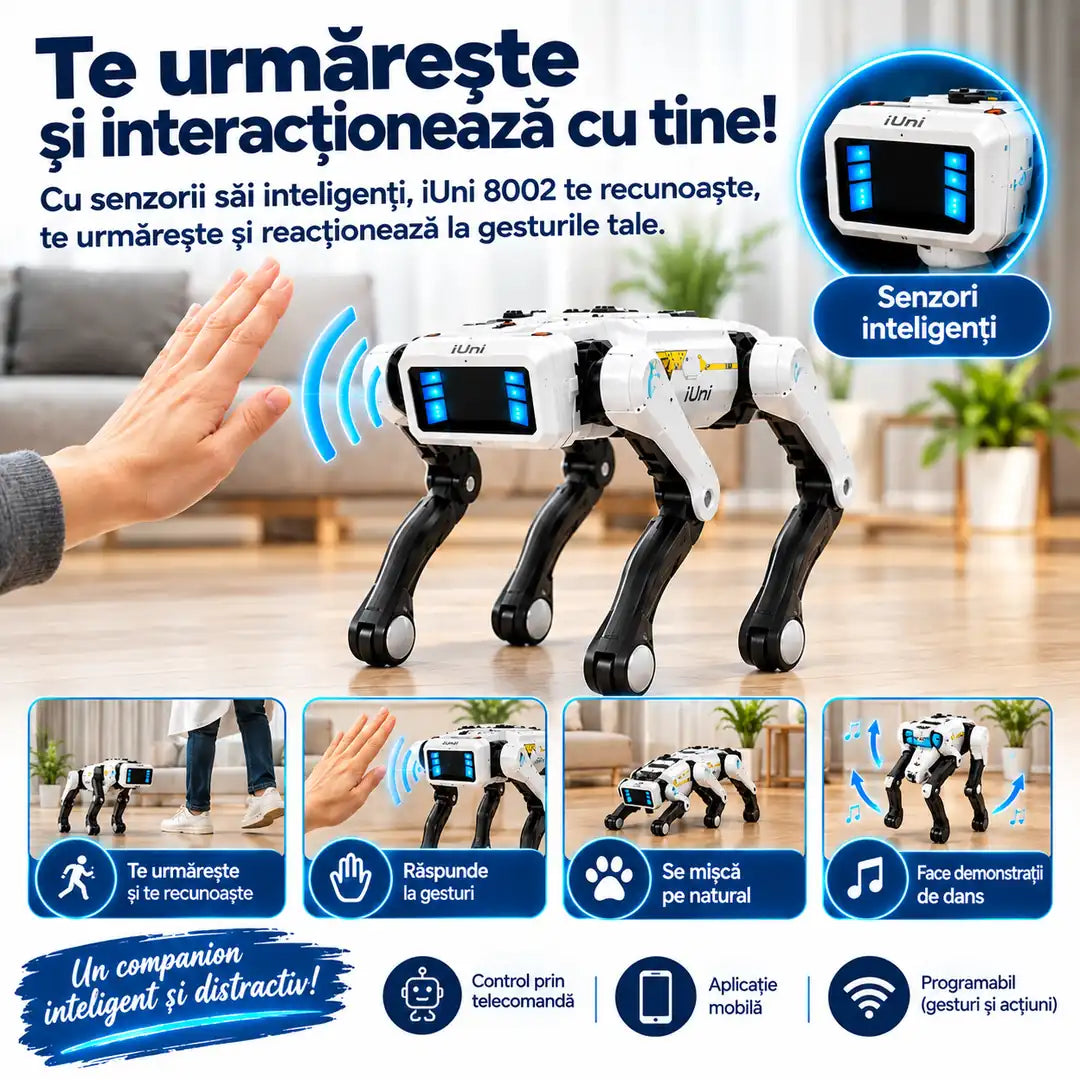 Robotul care te urmărește și interacționează cu tine – Câine Robot Inteligent iUni 8002, 25 Funcții Interactive