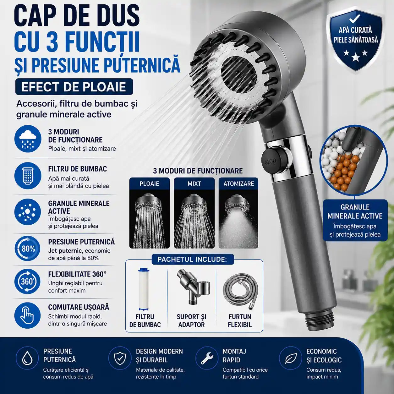Presiune puternică chiar și la debit redus! – Cap de duș cu 3 funcții, presiune ridicată, filtru și granule minerale active