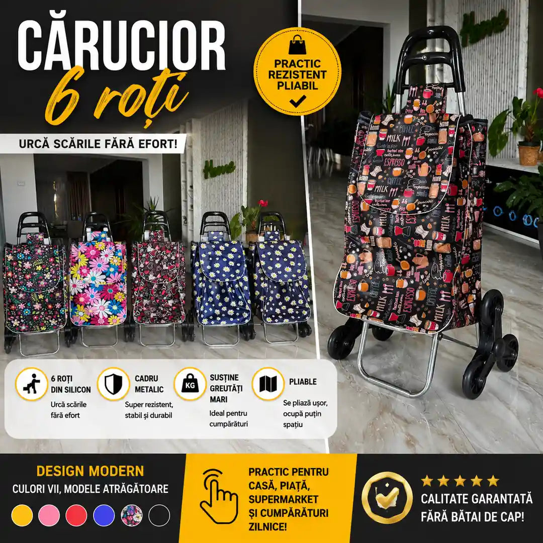 Cărucior Premium cu 6 Roți – Elegant, Rezistent și Ușor de Folosit