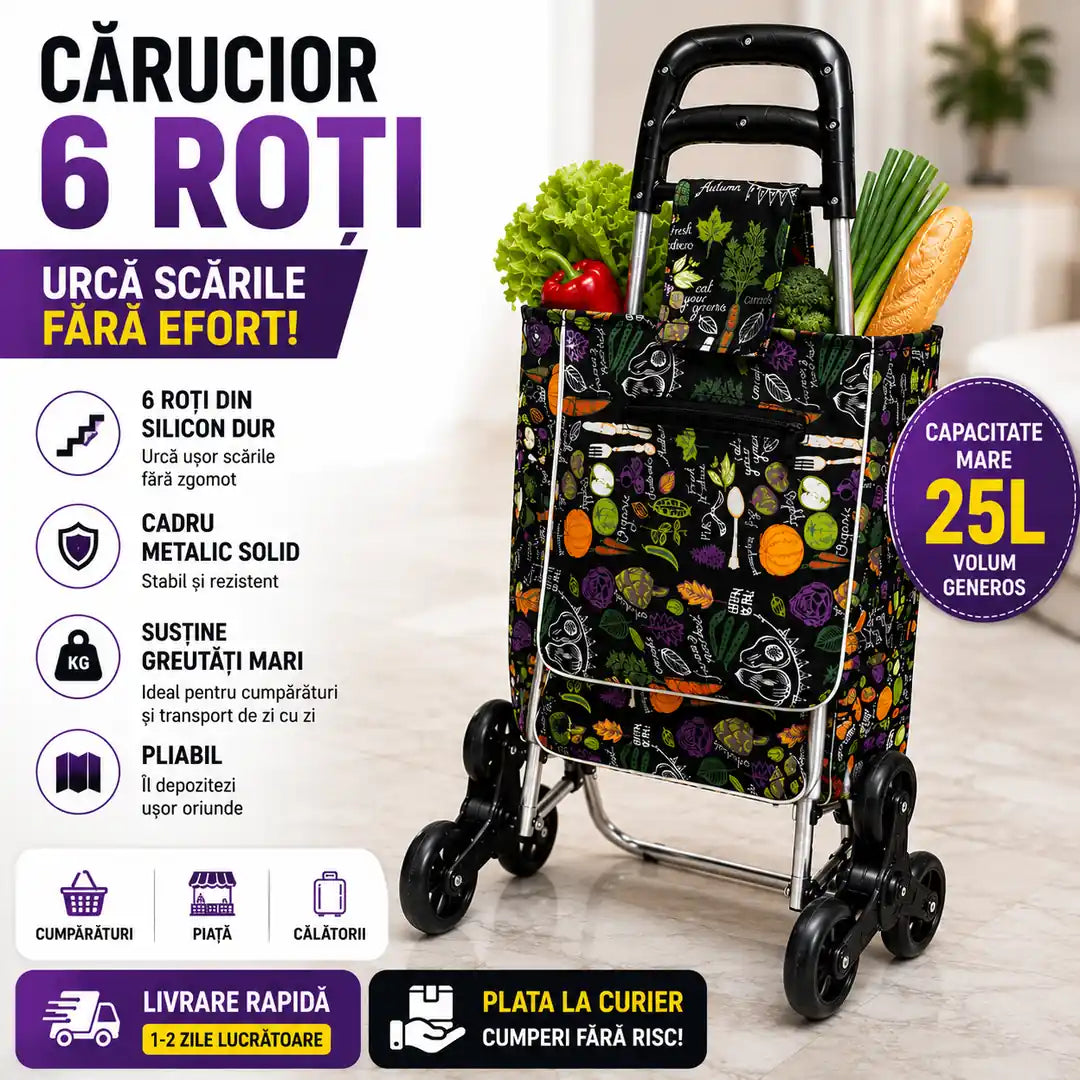 Cărucior Premium cu 6 Roți – Elegant, Rezistent și Ușor de Folosit