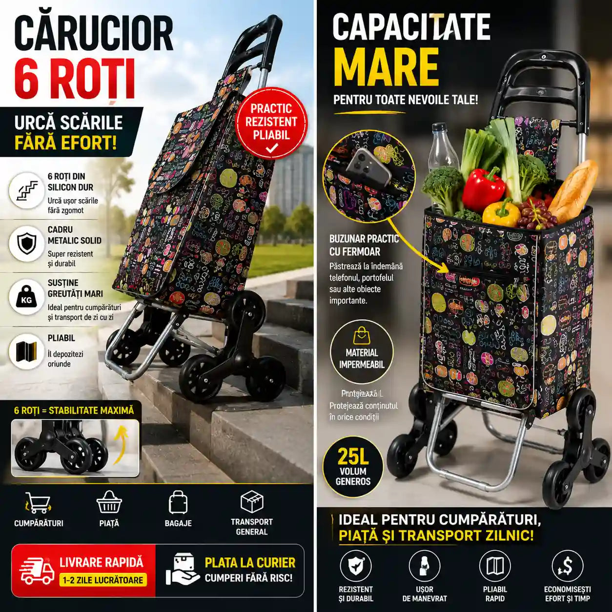 Cărucior Premium cu 6 Roți – Elegant, Rezistent și Ușor de Folosit