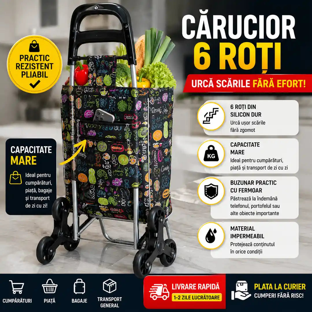 Cărucior Premium cu 6 Roți – Elegant, Rezistent și Ușor de Folosit