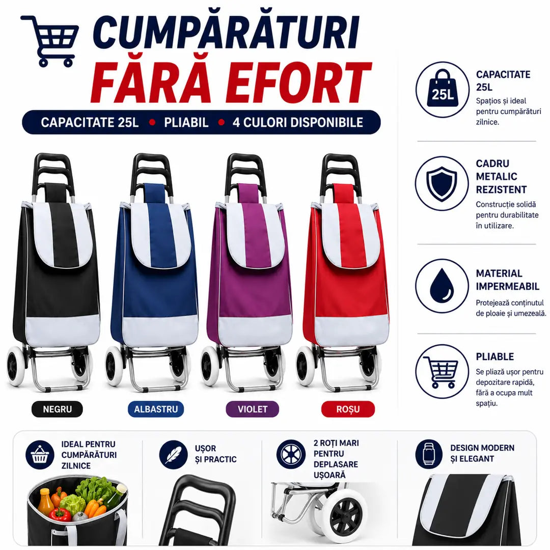🛒 Reduci Efortul, Nu Cumpărăturile – Cărucior de Cumpărături 25L