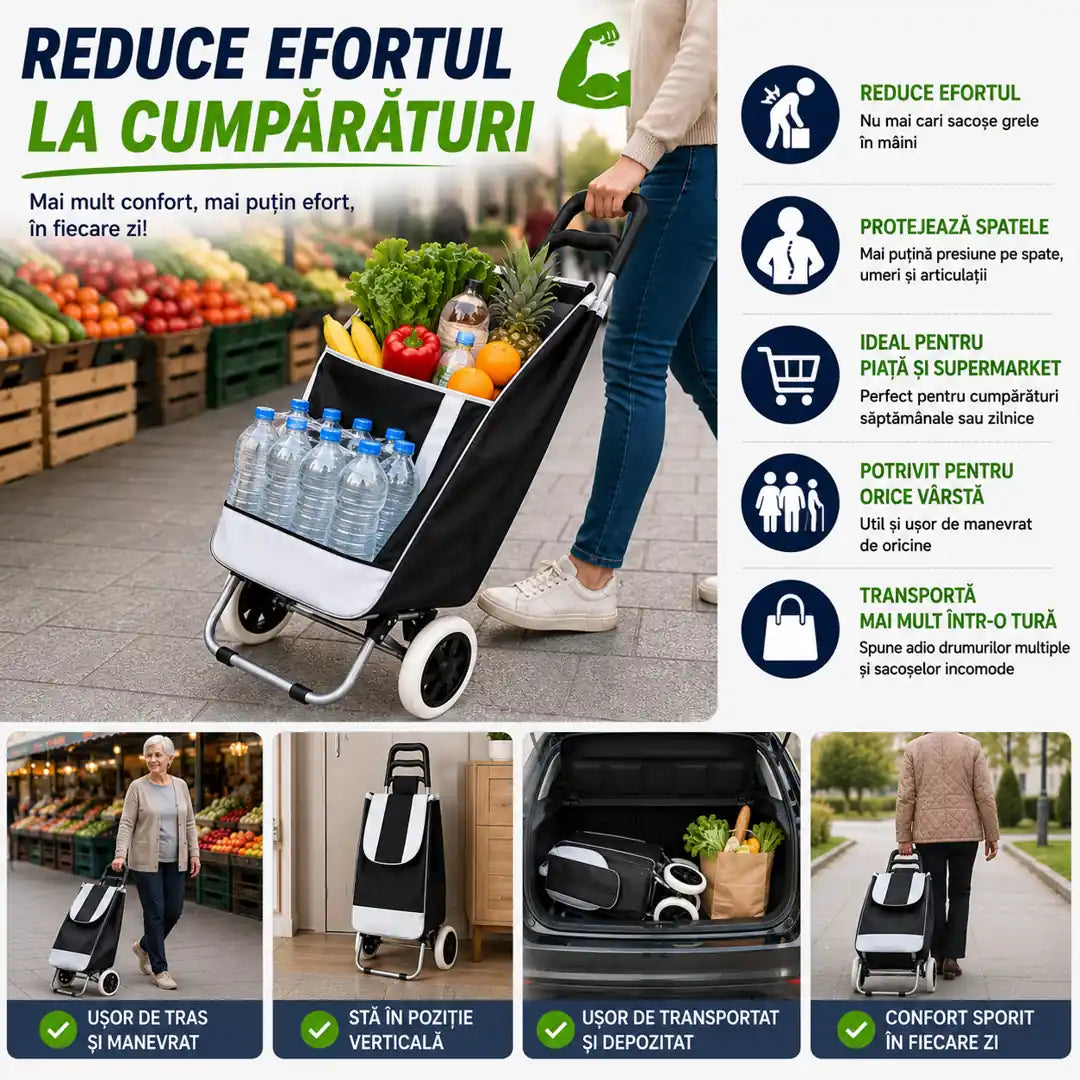 🛒 Reduci Efortul, Nu Cumpărăturile – Cărucior de Cumpărături 25L