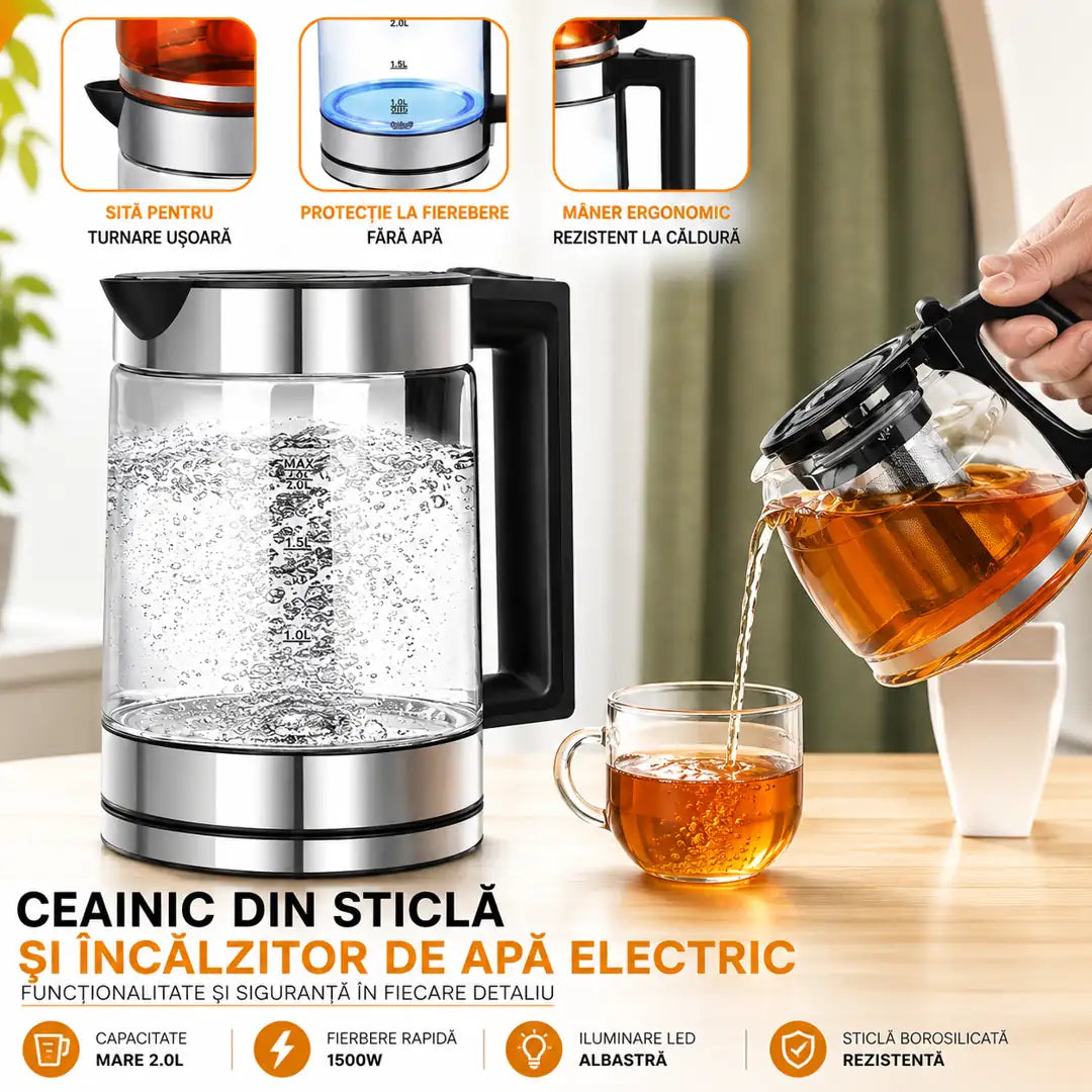 Fierbe Apa Rapid și Savurează Ceaiul Cald Mai Mult Timp – Ceainic + Fierbător 2 în 1 1500W