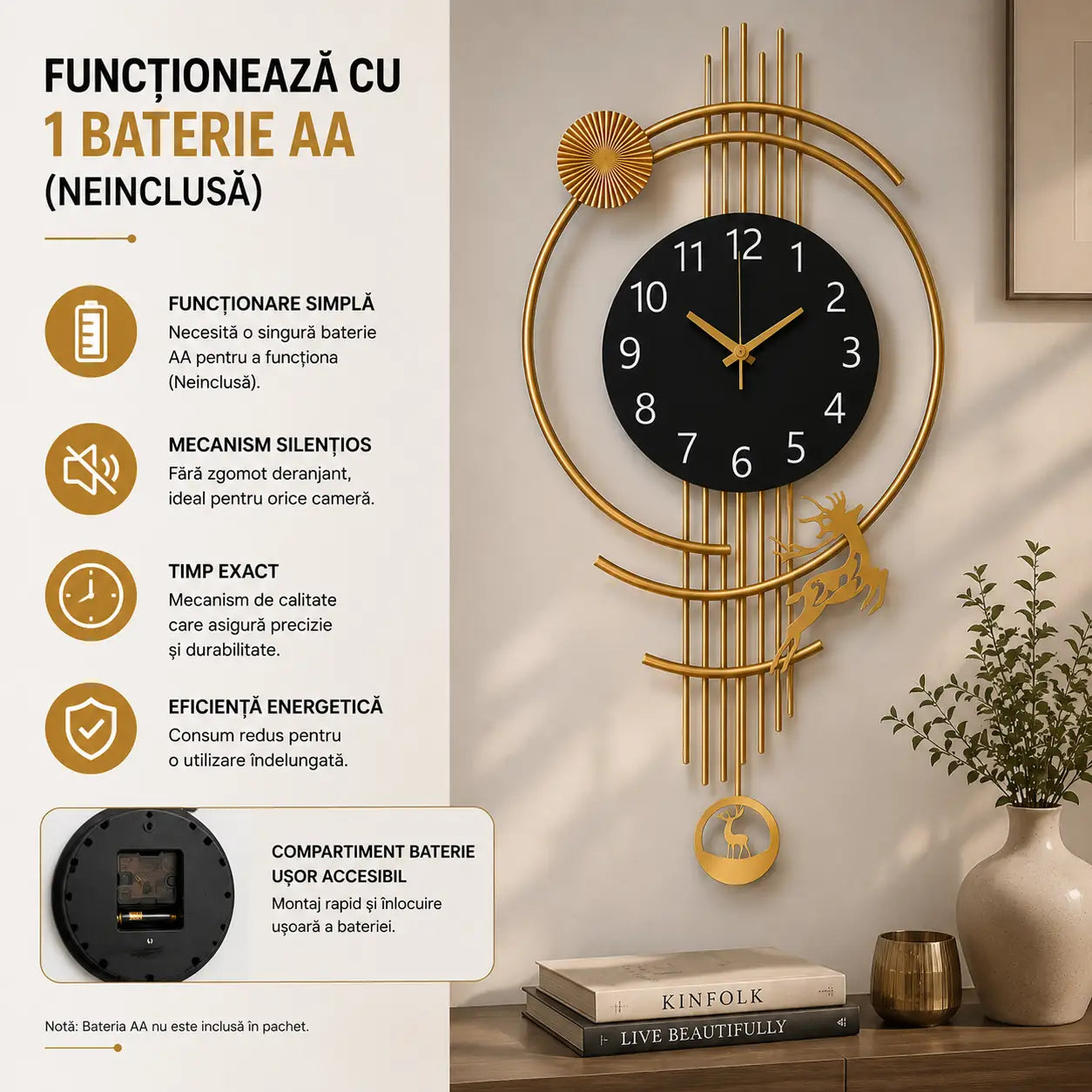 Design premium cu cerb decorativ pentru un decor spectaculos – Ceas de Perete Modern Elegant