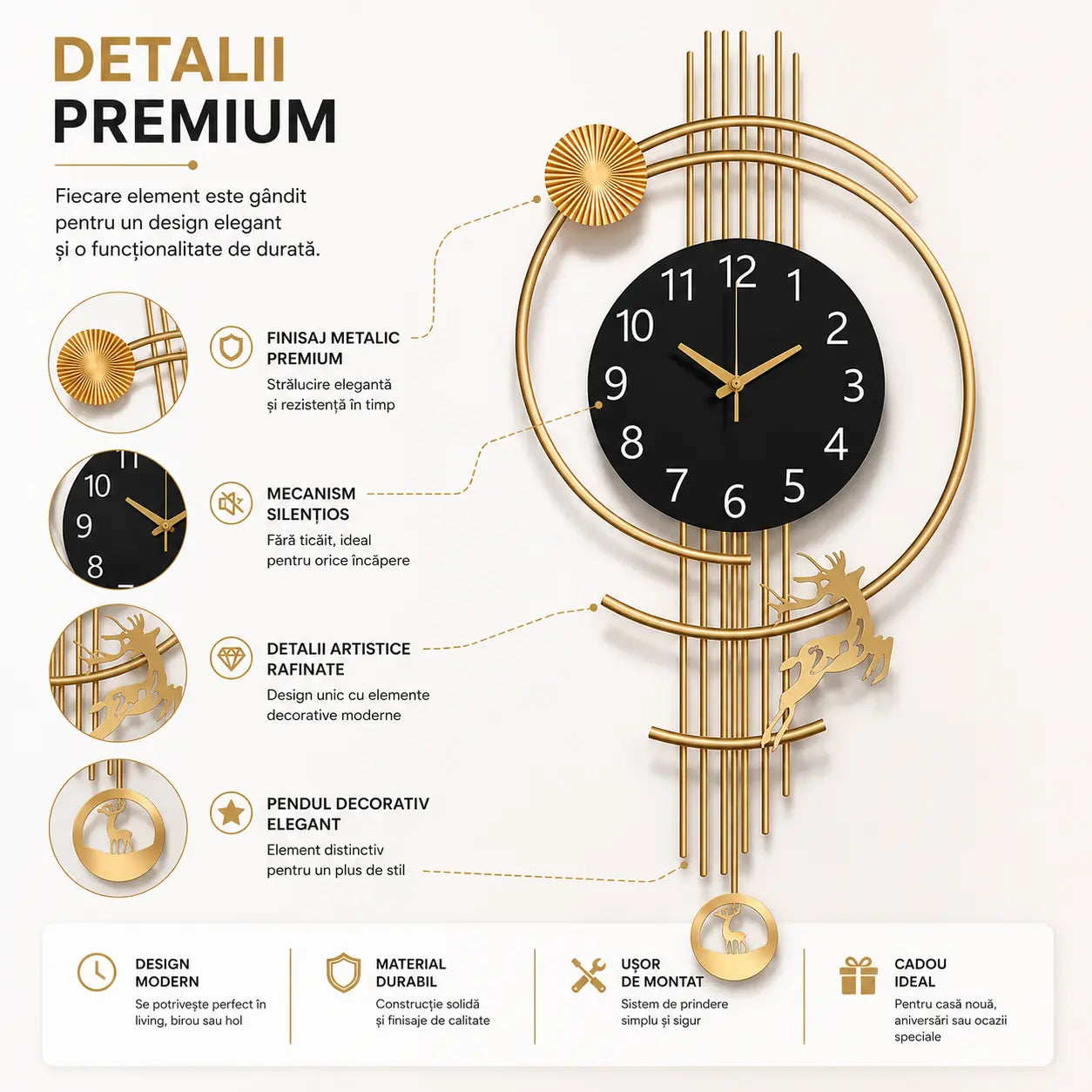 Design premium cu cerb decorativ pentru un decor spectaculos – Ceas de Perete Modern Elegant