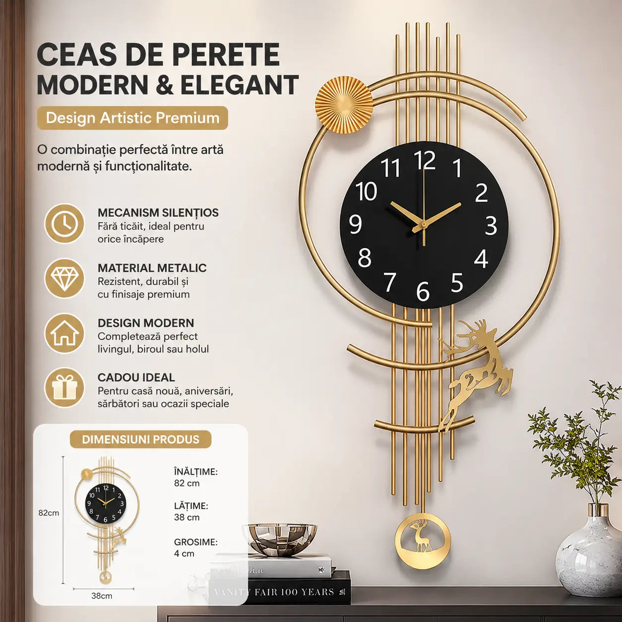 Design premium cu cerb decorativ pentru un decor spectaculos – Ceas de Perete Modern Elegant