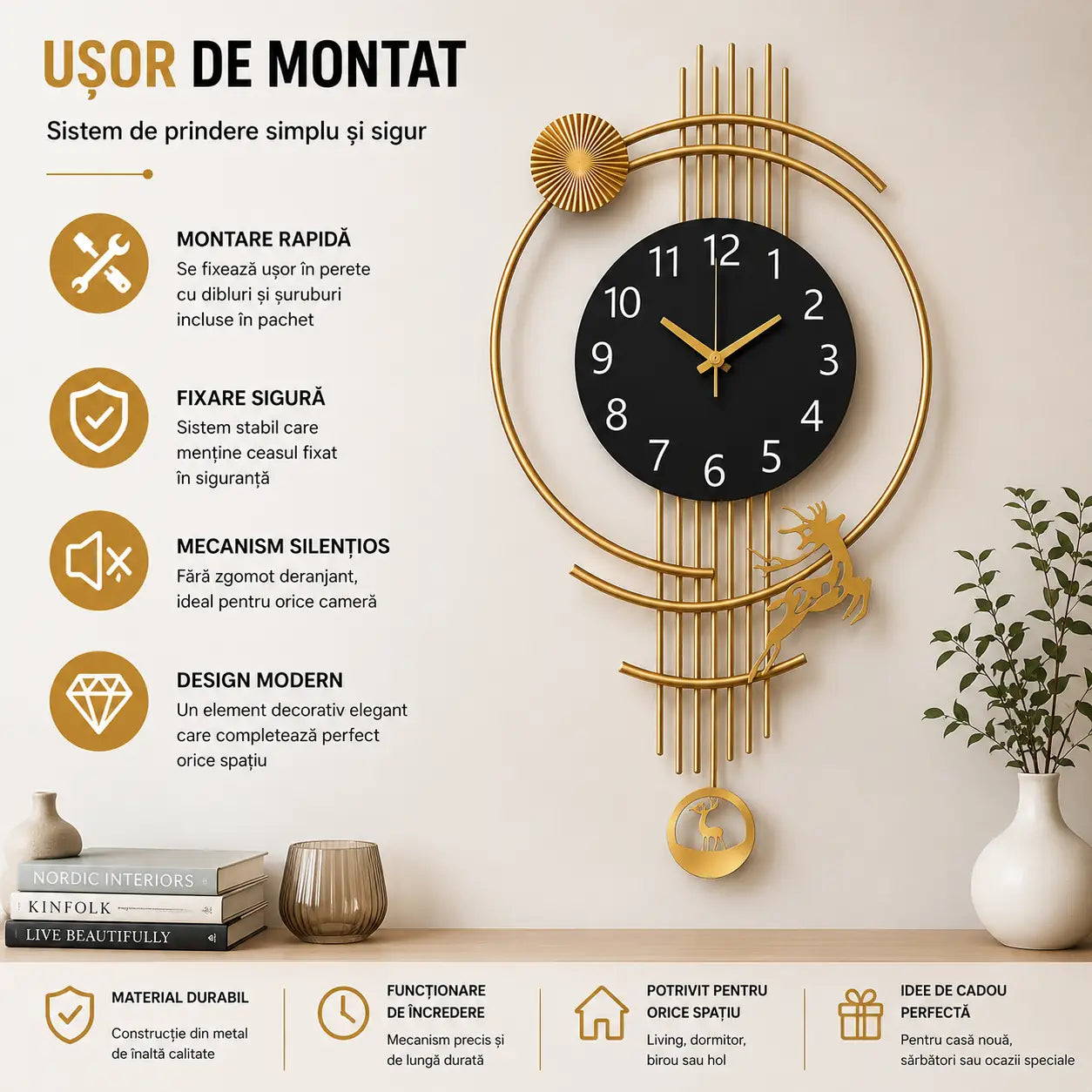 Design premium cu cerb decorativ pentru un decor spectaculos – Ceas de Perete Modern Elegant
