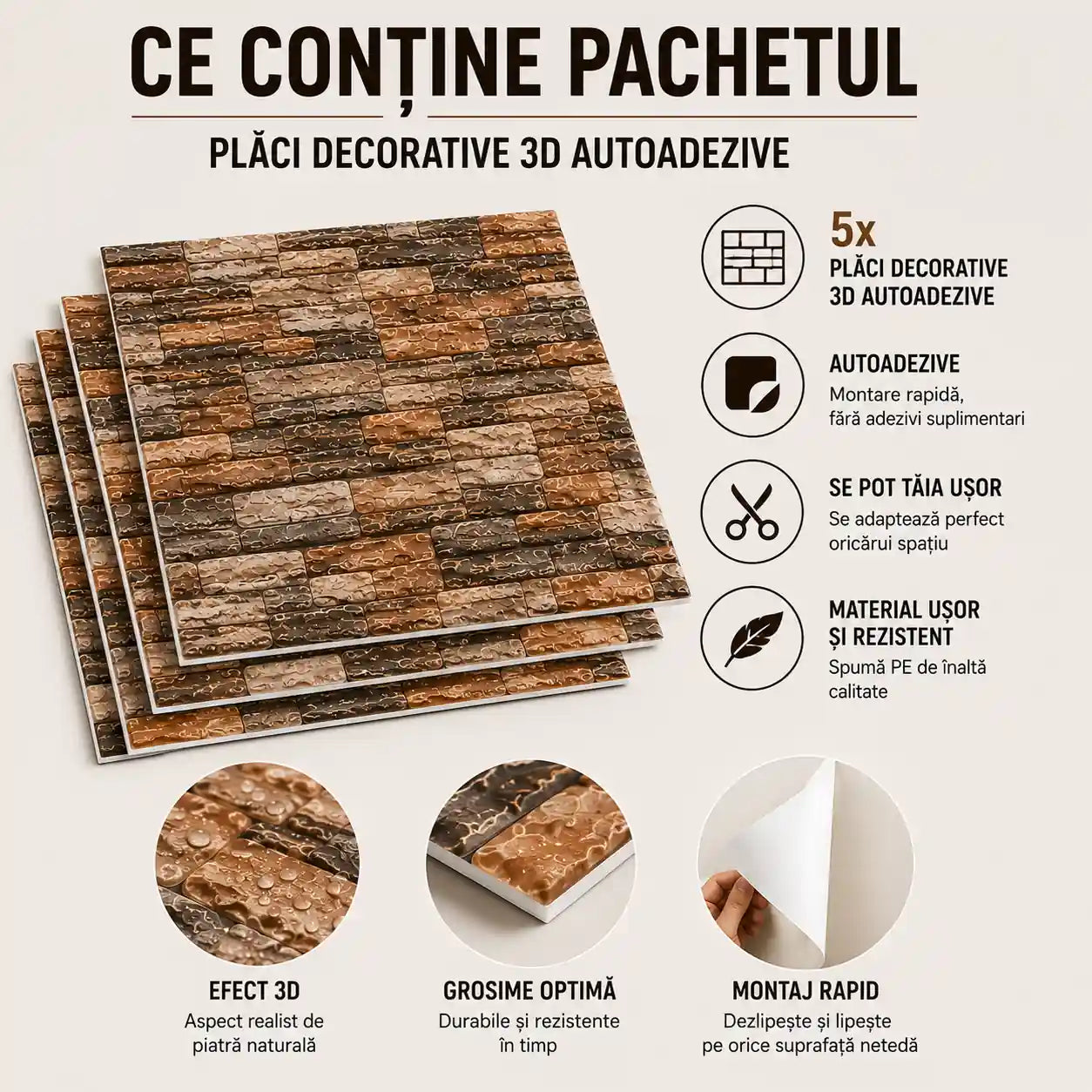 Transformă-ți pereții în câteva minute – Set 5 Bucăți Plăci Decorative 3D Autoadezive, Efect Piatră Naturală, 70×77 cm