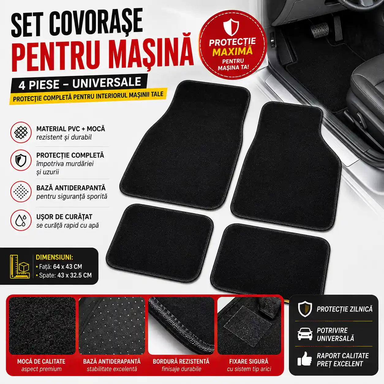 Set 4 Covorașe Auto Universale – Mochetă Premium, Rezistente și Antiderapante