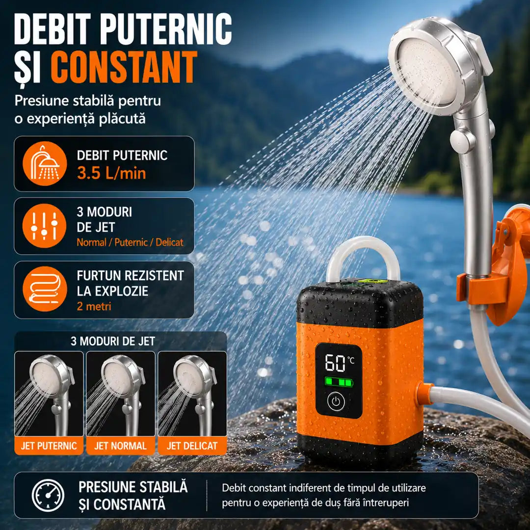 Apă la Îndemână în Orice Aventură – Duș Portabil Electric pentru Camping cu 6 Accesorii