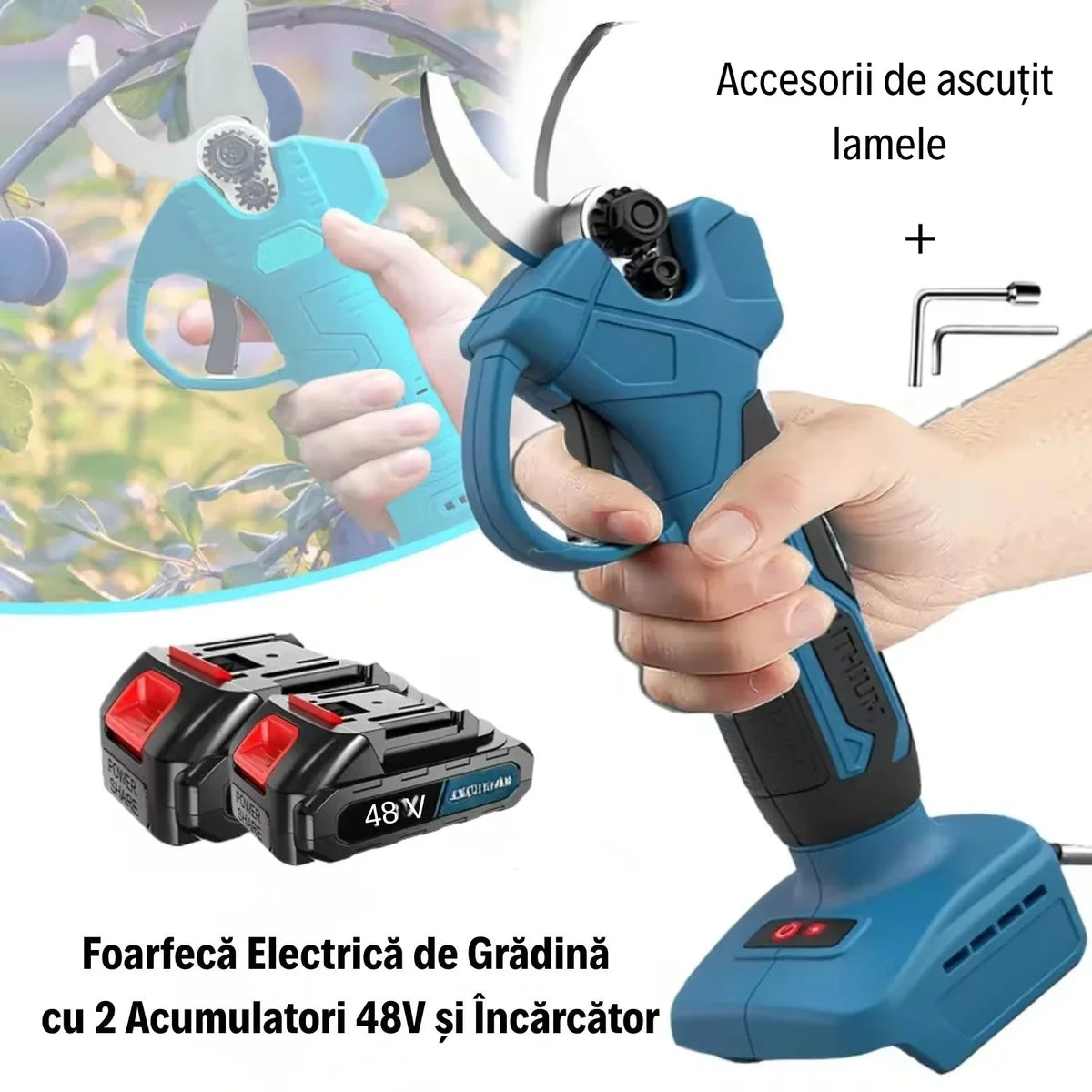 Foarfecă Electrică de Grădină cu 2 Acumulatori 48V și Încărcător + PILĂ DE ASCUȚIT LAMELE FIRMA OKBOONS
