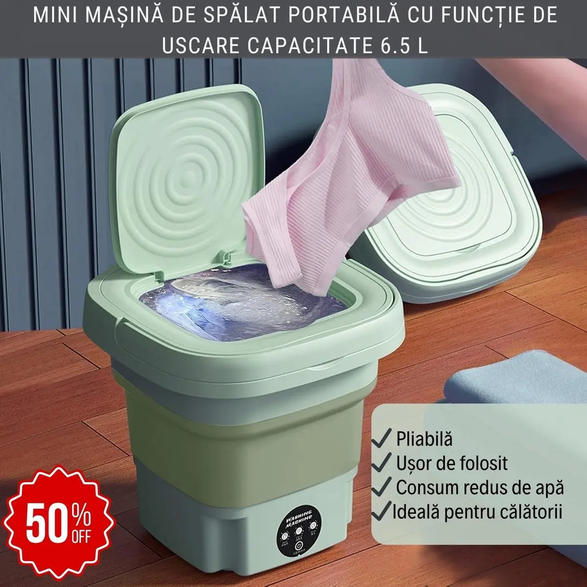 Mini Mașină de Spălat Portabilă 6.5 L cu Funcție de Uscare - Pliabilă, Practică și Ușor de folosit