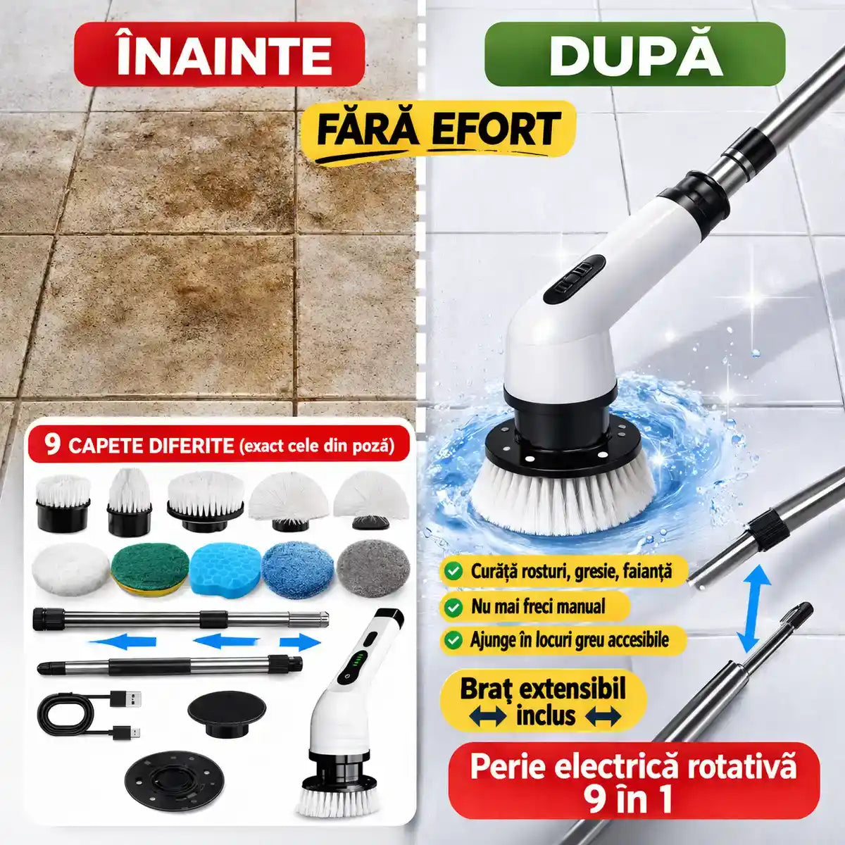 Curățenie fără efort – perie electrică rotativă 9 în 1 (fără frecat)