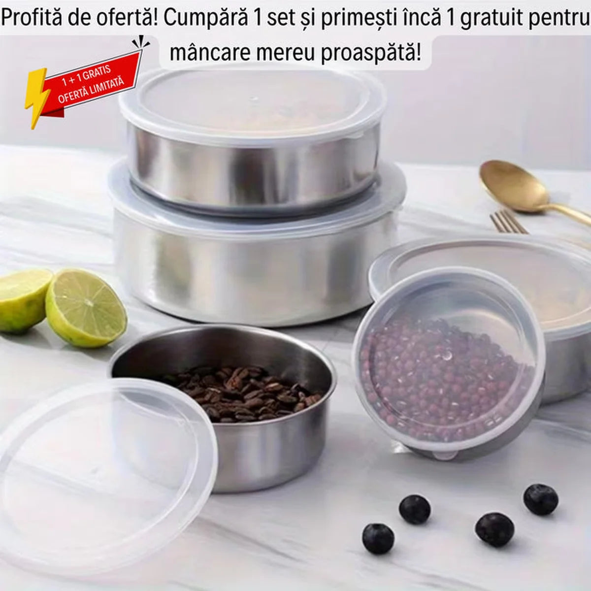 1+1 GRATIS! Set 5 Boluri din Inox cu Capac Etanș - Păstrează prospețimea alimentelor